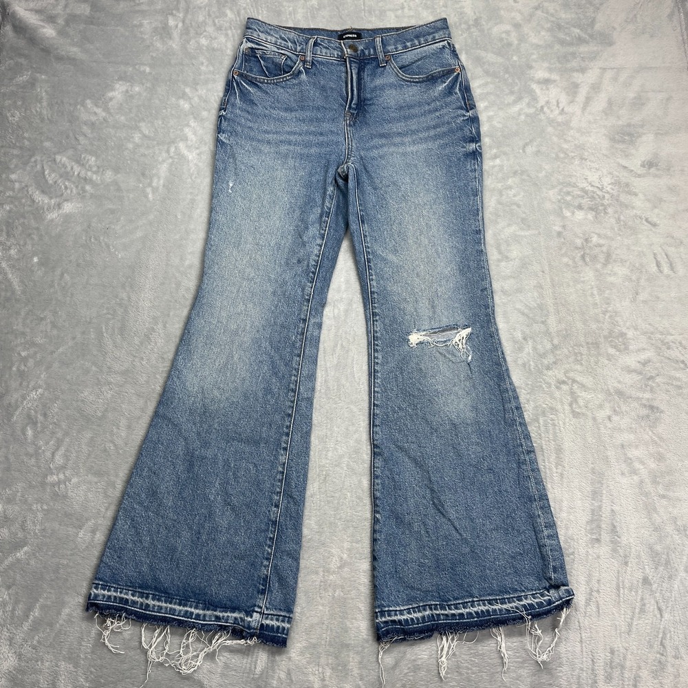 Express Jeans Womens 4S (28x29) Blue Denim Mid Rise Distressed 70s Flare Leg Y2k